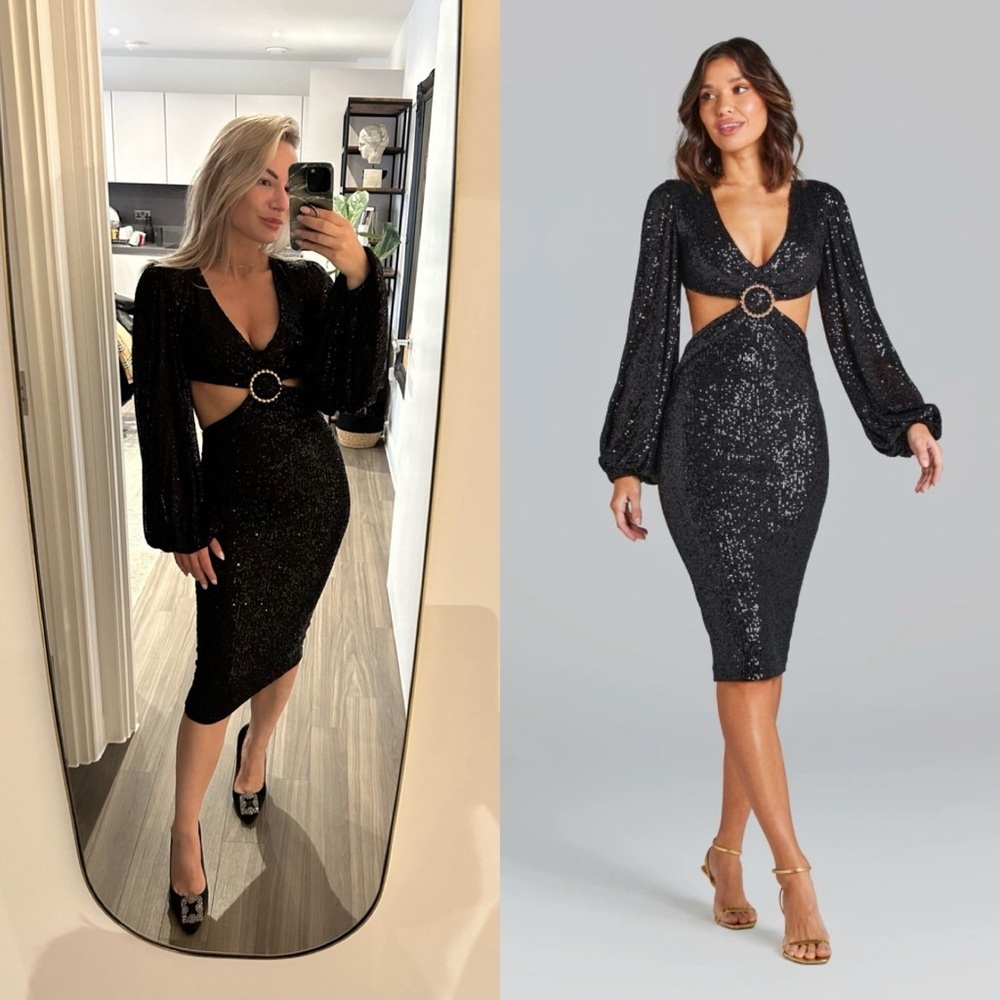 NADINE MERABI Courtney Sequin Midi Dress Black Sz XS